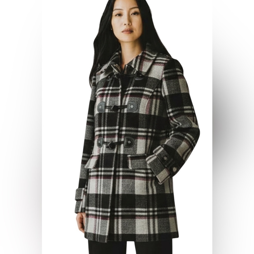 Ricki's Black & Gray Plaid Pea Coat, wool blend, zip/snaps/toggles, Size Small